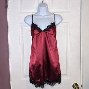 Sexy Red Faux Satin Black Lace Trim Lingerie Chemise Nightie Slip M